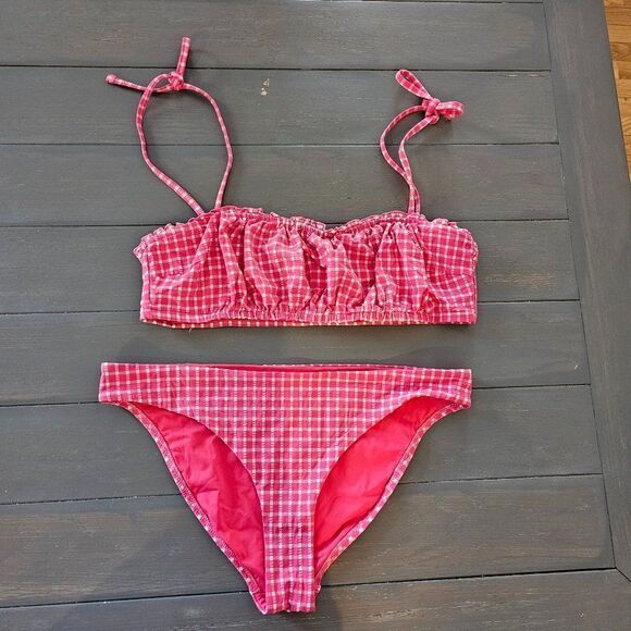 Red Carter Amour Gingham Shirred Bandeau Bikini Top & Bottom Set Size Large - Picture 3 of 15